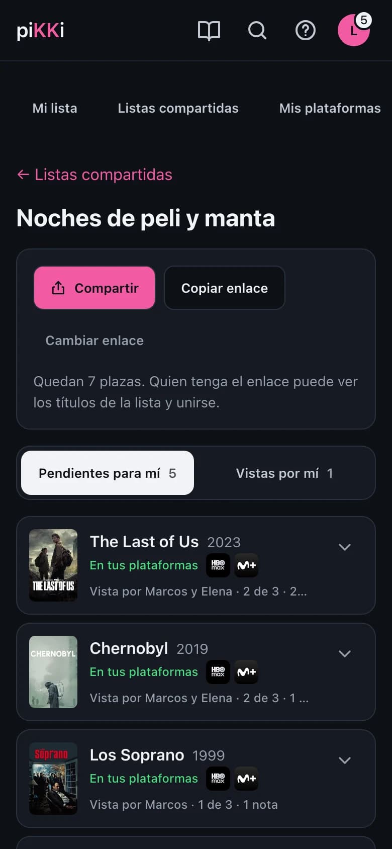 La cabecera de una lista con los botones Compartir, Copiar enlace y Cambiar enlace y las plazas libres, en el móvil.