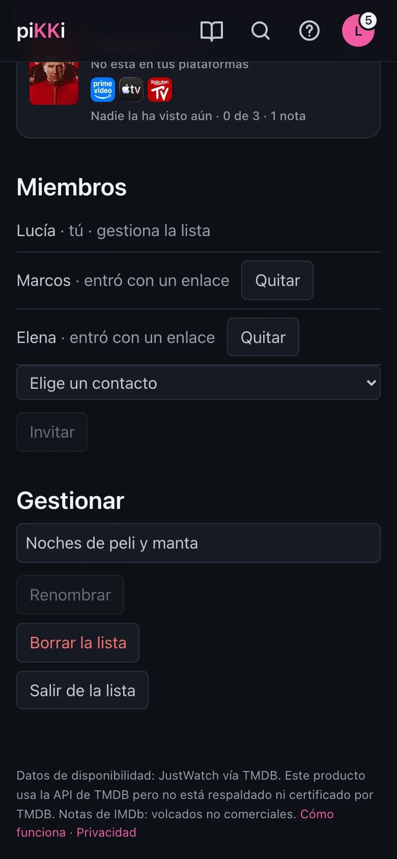 La sección Miembros de una lista compartida, con quién entró con el enlace y el botón Quitar, en el móvil.